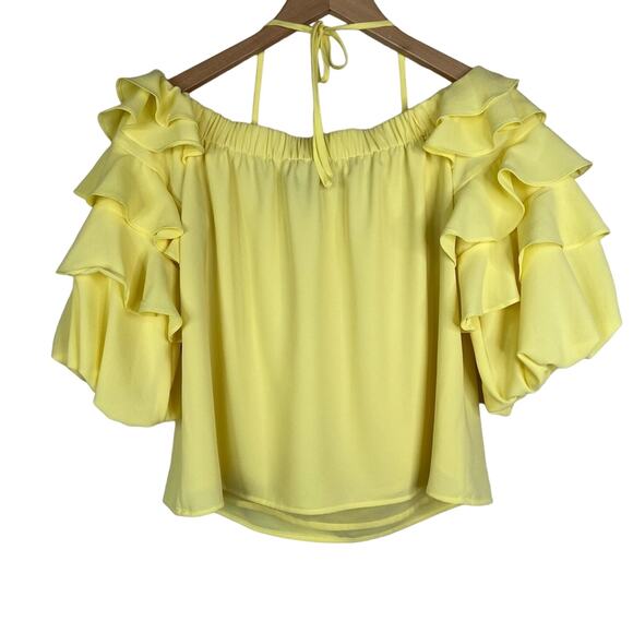 1. State yellow off shoulder ruffle short sleeve chiffon halter top small - Picture 4 of 6